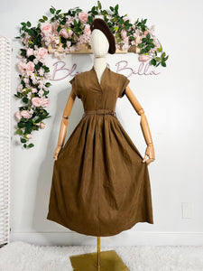 Button up V neck dress BROWN Bloombellamoda 