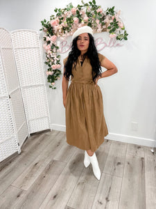 Button up V neck dress BROWN Bloombellamoda 