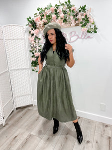 Button up V neck dress OLIVE Bloombellamoda 