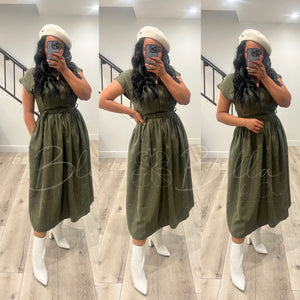 Button up V neck dress OLIVE Bloombellamoda 