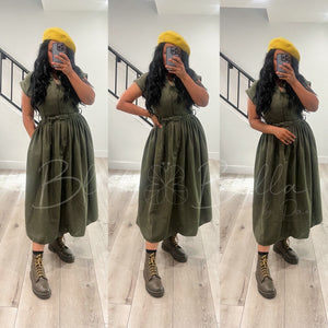 Button up V neck dress OLIVE Bloombellamoda 