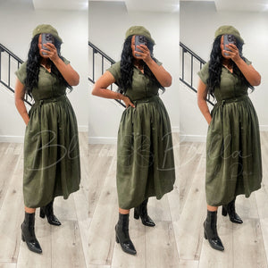 Button up V neck dress OLIVE Bloombellamoda 