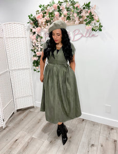 Button up V neck dress OLIVE Bloombellamoda 