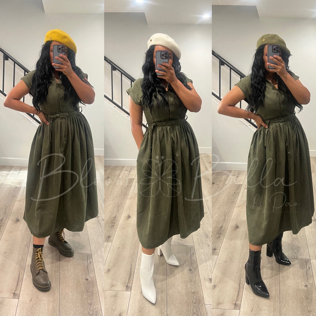 Button up V neck dress OLIVE Bloombellamoda 