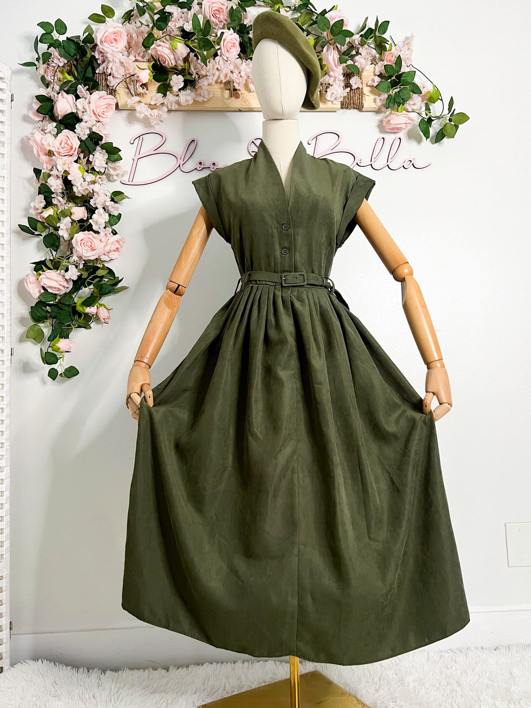 Button up V neck dress OLIVE Bloombellamoda 