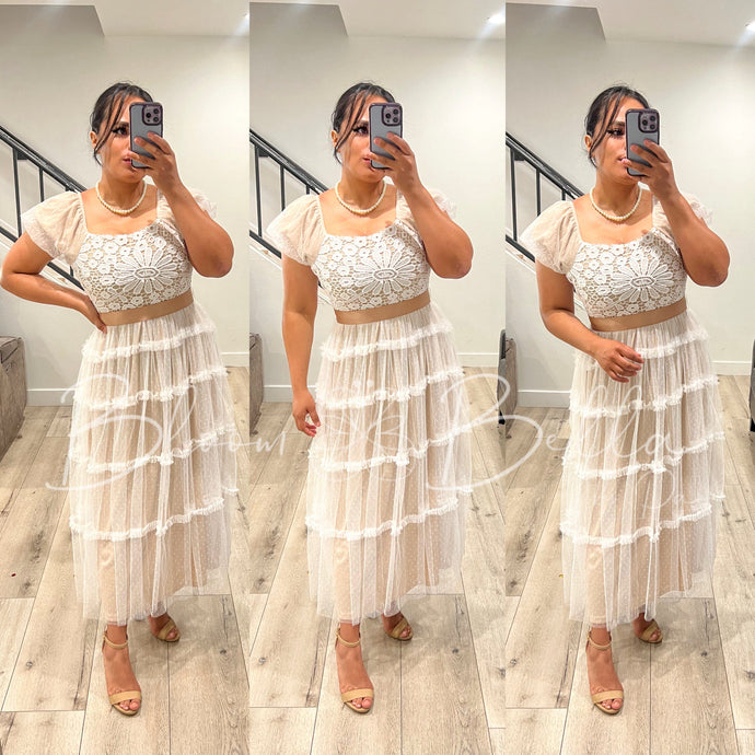 Lace mesh midi dress OFF WHITE Bloombellamoda 