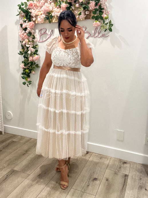 Lace mesh midi dress OFF WHITE Bloombellamoda 