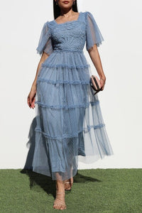 Lace top ruffles mesh dress BLUE Bloombellamoda 
