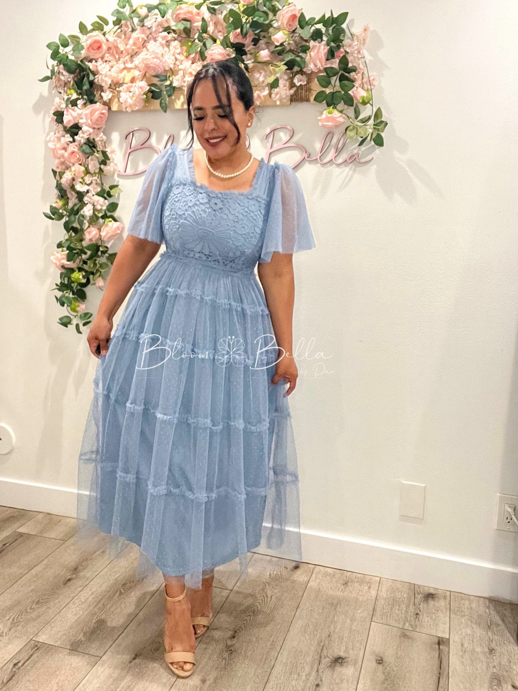 Lace top ruffles mesh dress BLUE Bloombellamoda 