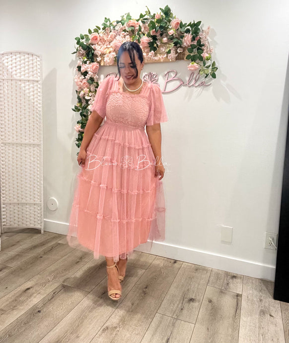 Lace top ruffles mesh dress PINK Bloombellamoda 
