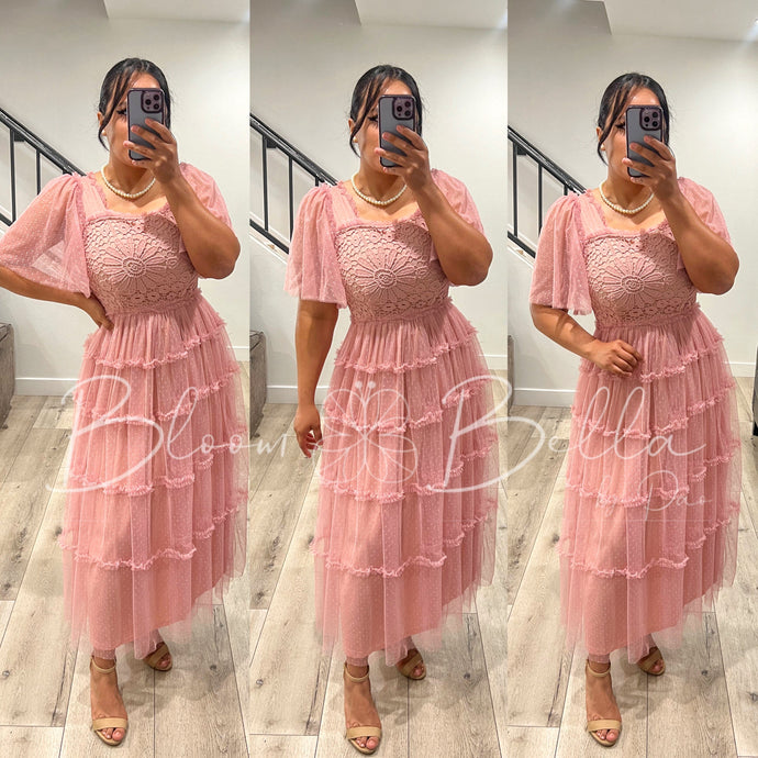 Lace top ruffles mesh dress PINK Bloombellamoda 