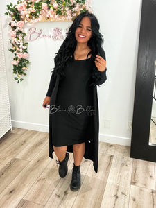 Ribbed cardigan and cami midi bodycon dress (Black) Bloombellamoda 