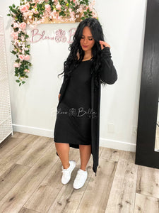 Ribbed cardigan and cami midi bodycon dress (Black) Bloombellamoda 