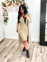 Load image into Gallery viewer, Ribbed cardigan and cami midi bodycon dress (Taupe) Bloombellamoda 