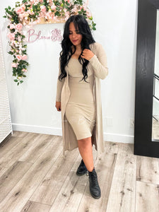 Ribbed cardigan and cami midi bodycon dress (Taupe) Bloombellamoda 