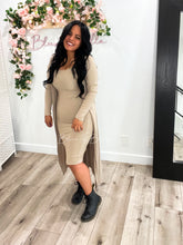 Load image into Gallery viewer, Ribbed cardigan and cami midi bodycon dress (Taupe) Bloombellamoda 