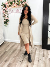 Load image into Gallery viewer, Ribbed cardigan and cami midi bodycon dress (Taupe) Bloombellamoda 