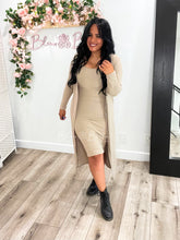 Load image into Gallery viewer, Ribbed cardigan and cami midi bodycon dress (Taupe) Bloombellamoda 