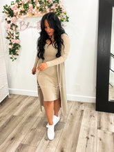 Load image into Gallery viewer, Ribbed cardigan and cami midi bodycon dress (Taupe) Bloombellamoda 