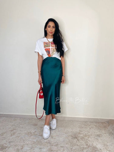 Satin midi skirt DARK GREEN Bloombellamoda 