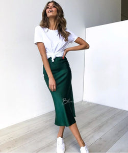 Satin midi skirt DARK GREEN Bloombellamoda 