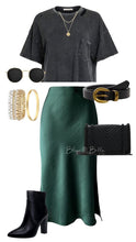 Cargar imagen en el visor de la galería, Satin midi skirt DARK GREEN Bloombellamoda 